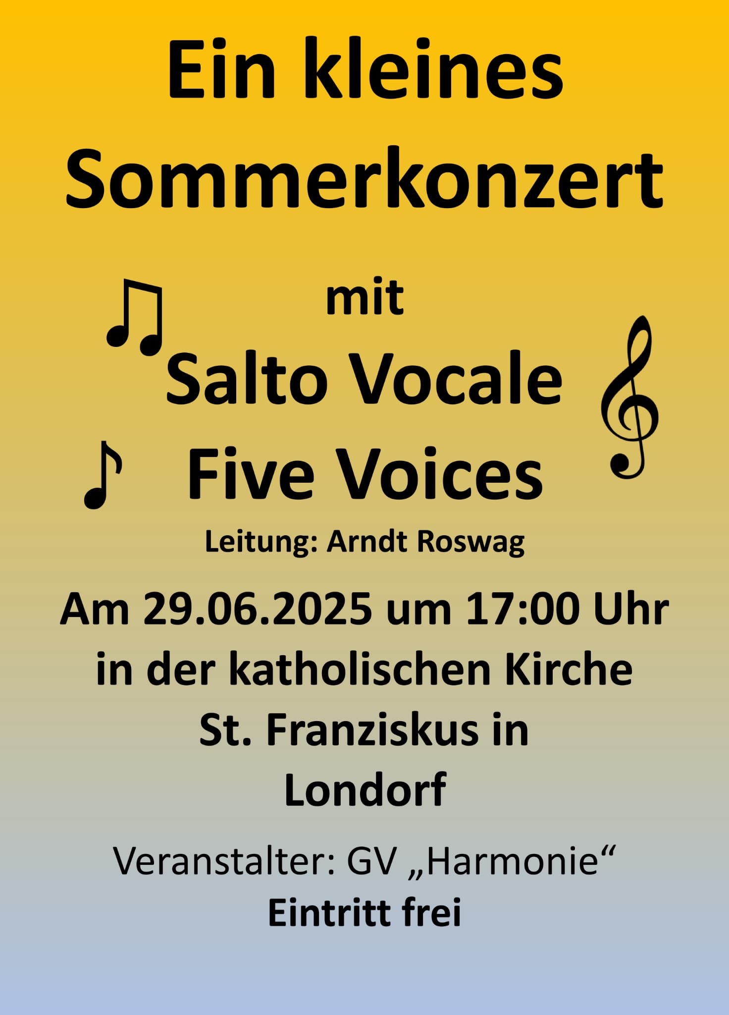 Flyer für das Sommerkonzert am 29.06.2025 um 17 Uhr in der katholischen Kirche St. Franziskus in Rabenau-Londorf